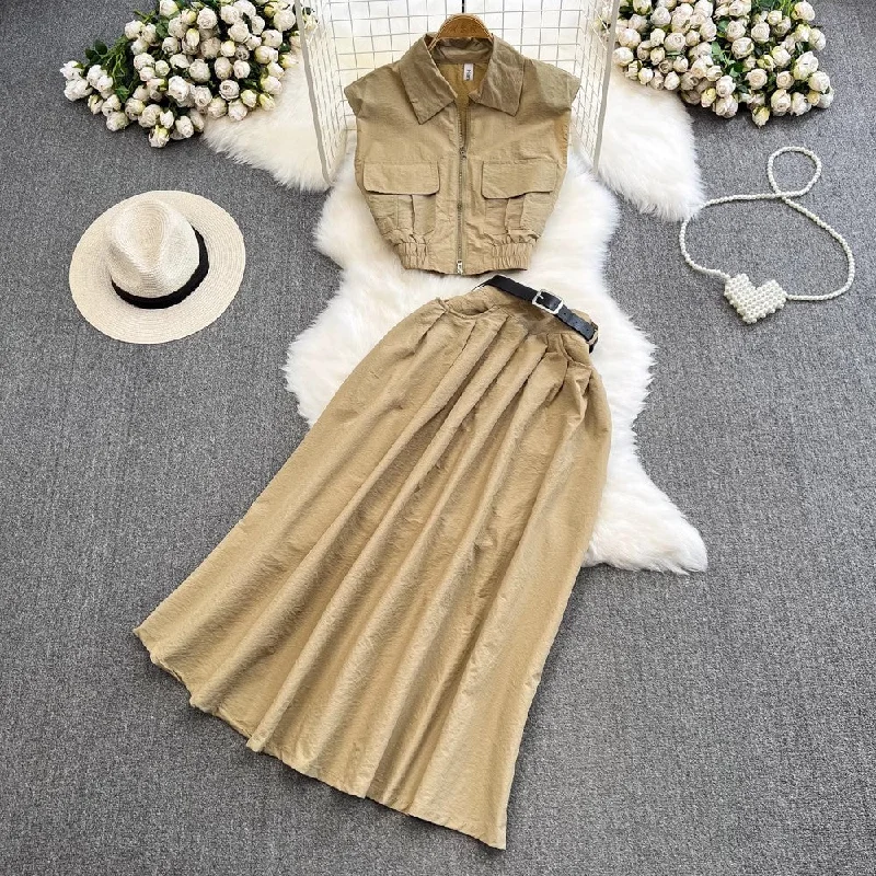 Modern Romance Fashion Suit Women's Sleeveless Shirt Two-piece Set A-Line Skirt     S4158