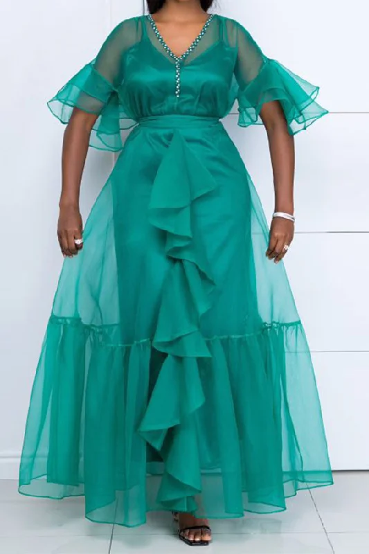 Latest Fashion Solid Color Tulle Elegant Ruffle Maxi Dress