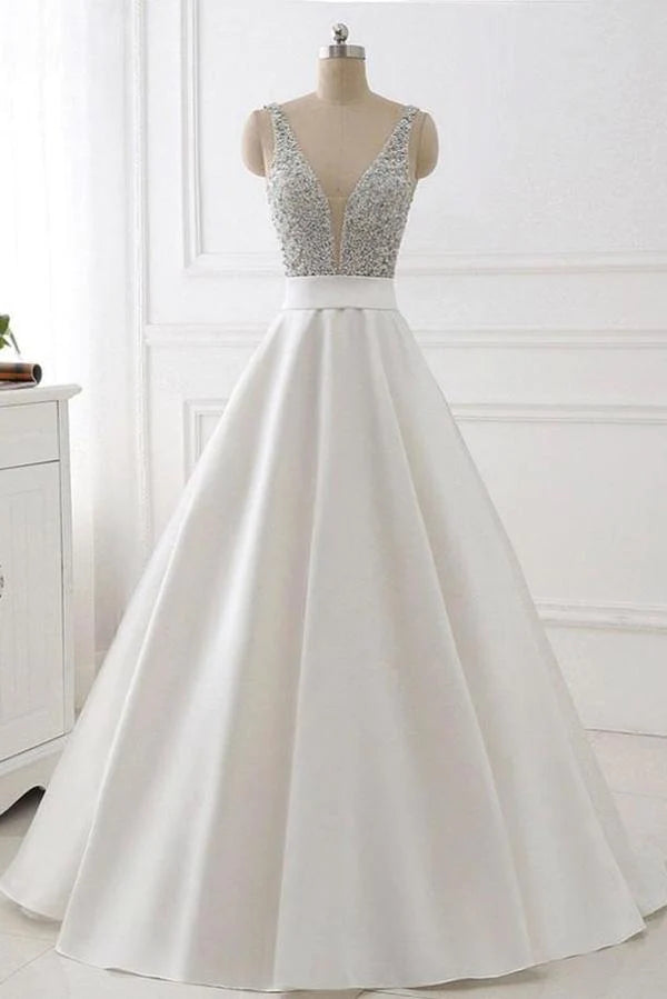 Holiday Sale Stunning Ivory A-Line V-Neck Satin Backless Sleeveless Evening Prom Dress with Beaded