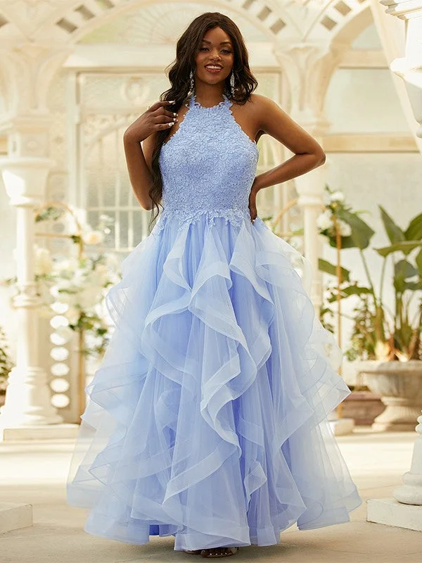 Budget-Friendly Fashion A-Line/Princess Tulle Applique Halter Sleeveless Floor-Length Dresses