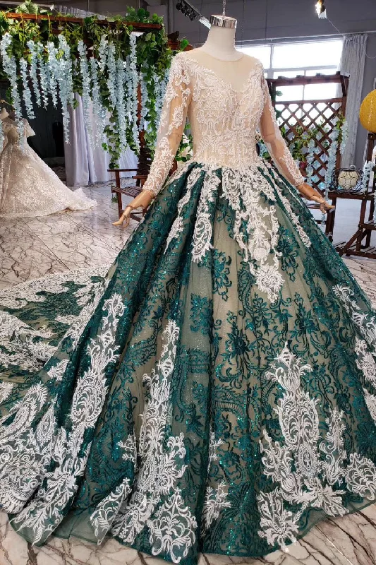 Elegant Style Green Long Sleeves Ball Gown Lace Prom Dresses with Appliques Long Prom Gown N2198