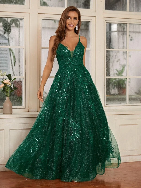 Don'T Miss Out A-Line/Princess Lace Applique V-neck Sleeveless Floor-Length Dresses