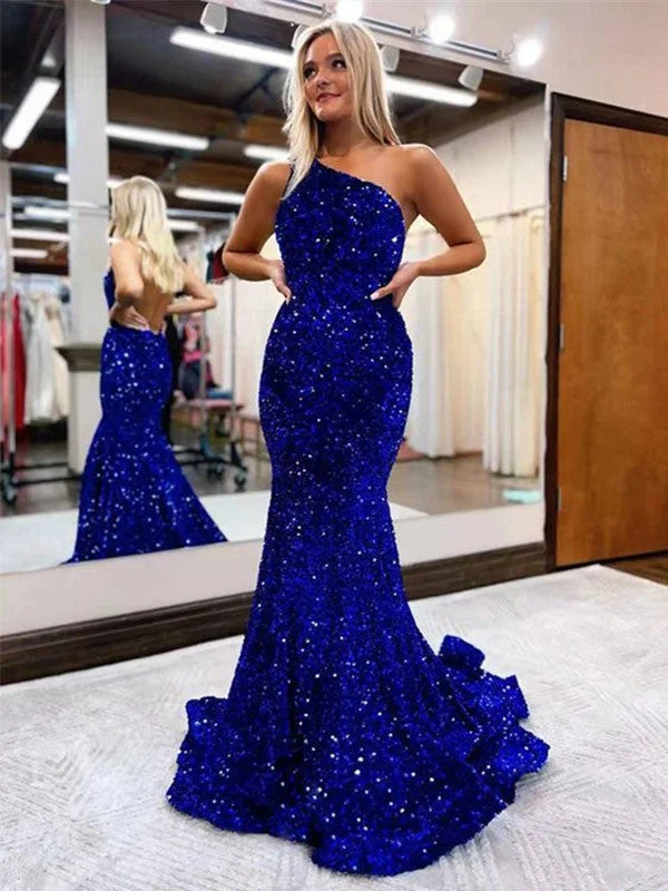 Browse Our Top Products Trumpet/Mermaid Velvet Sequins Ruffles One-Shoulder Sleeveless Sweep/Brush Train DressesTrumpet/Mermaid Velvet Sequins Ruffles One-Shoulder Sleeveless Sweep/Brush Train Dresses