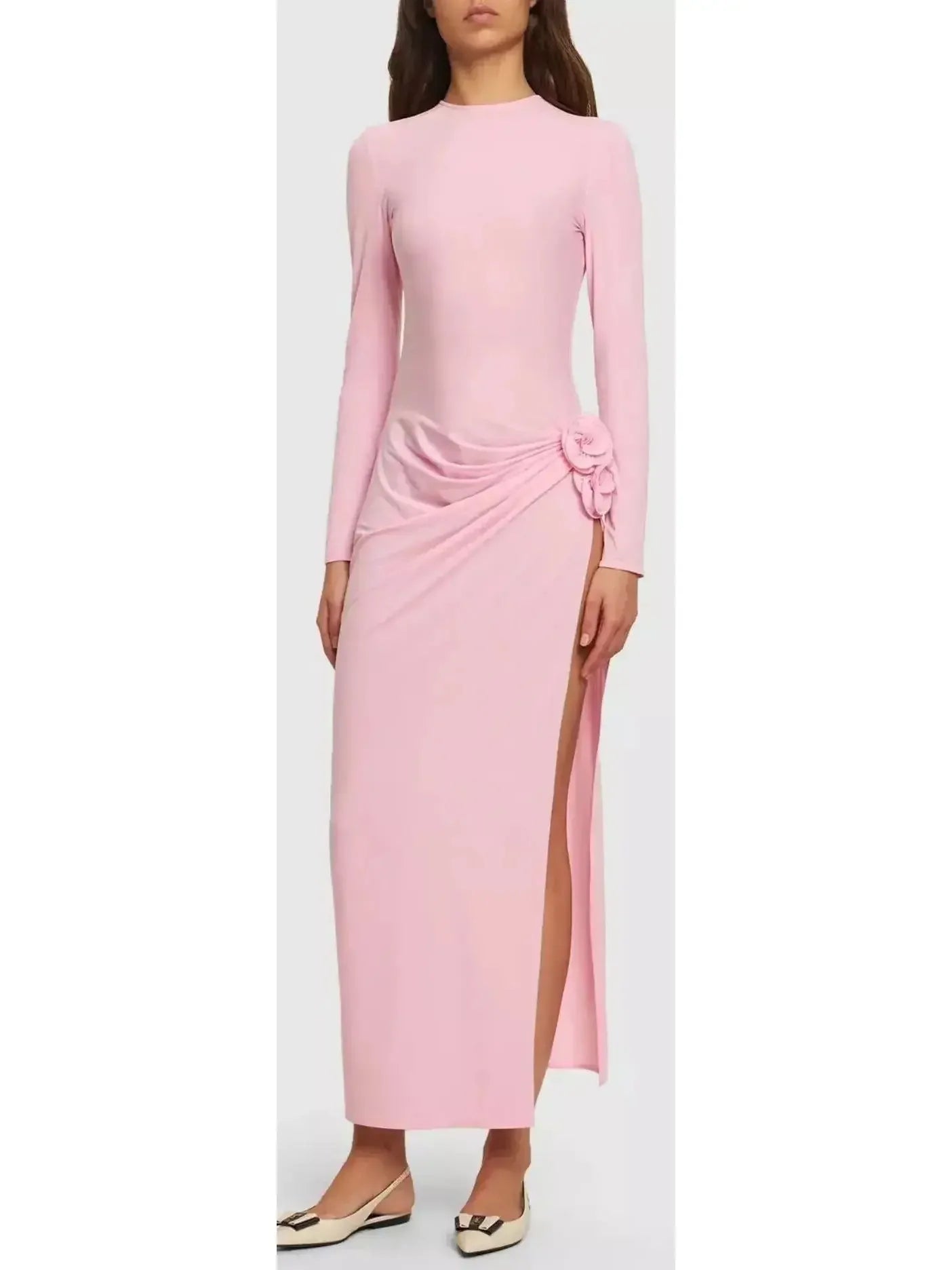 Fashion-Forward Gathered Long Sleeve Maxi Dress in Pink