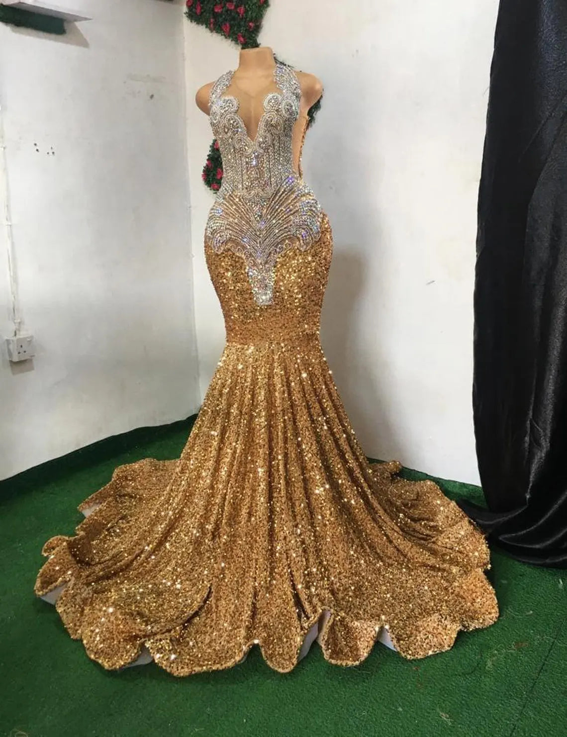 Seasonal Trends Unique Gold sequin dress, silver applique,Sleeveless Mermaid Dress,Prom Dress,Reception Dress,African Women Dress,Free Shipping