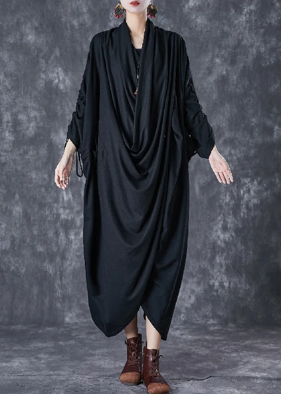 Essentials On Sale Unique Black Asymmetrical Wrinkled Cotton Gown Dress Fall