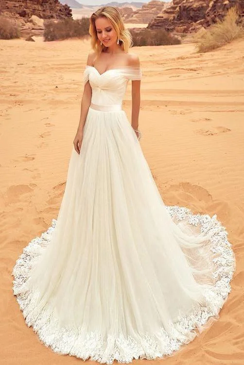 Fashion-Forward Style Sexy Off-the-Shoulder Sweep Train Sweetheart A-Line Tulle Ivory Floor-Length Wedding Dress