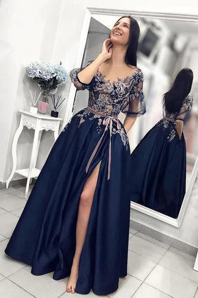 Update With Cottagecore Styles Satin A line Short Sleeve Blue Prom Dresses with High Slit, Long Evening Dresses with Pockets