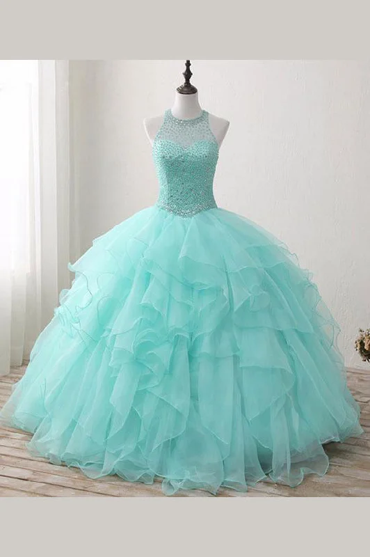 Rustic Countryside Charm Look Mint Floor-length Jewel Sleeveless Ball Gown Beading Tulle Prom Dresses Quinceanera Dresses N403