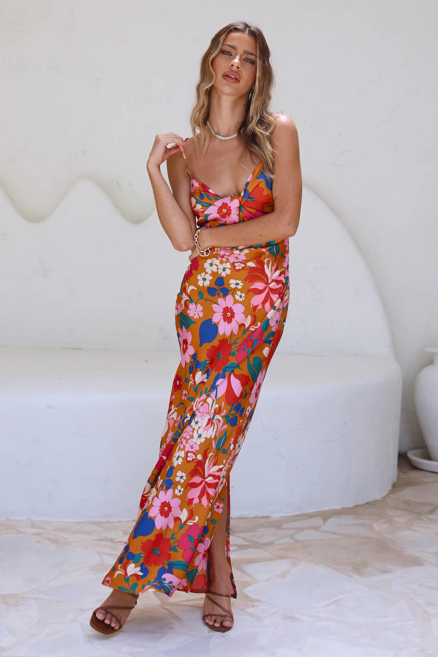 Feminine Charm Bale Orange Twist Maxi Floral Dress