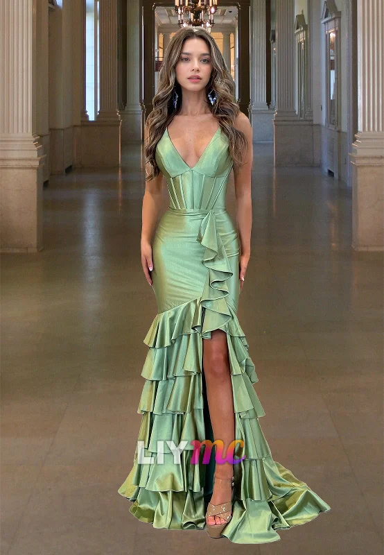 Fashion-Forward Style V-Neck Sleeveless Tiered Ruffled Mermaid Prom Dress