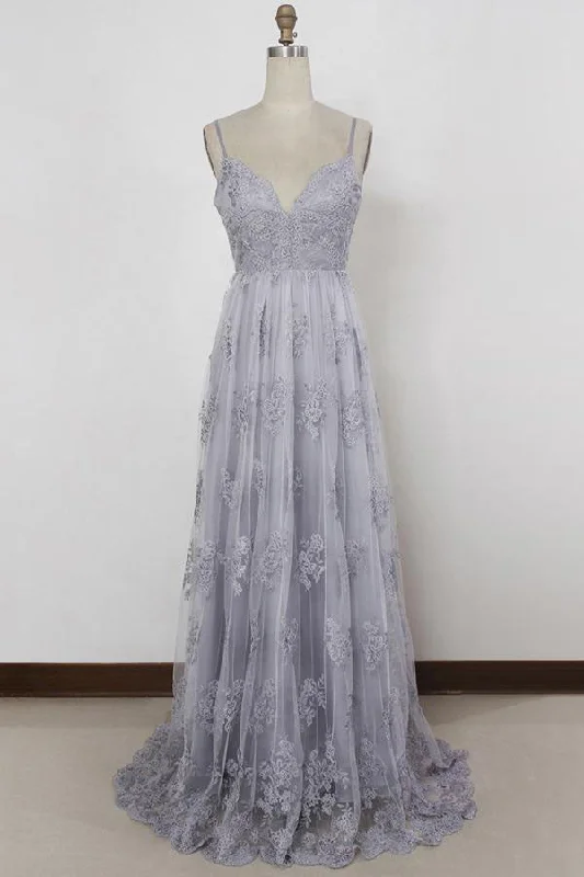 Season Sale Spaghetti Straps Long Lace Prom Gown A Line V-Neck Sleeveless Formal Dresses N1701