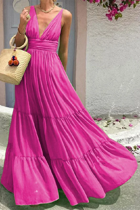 Style Redefined Solid Color Elegant Backless Flowy Tiered Maxi Dress