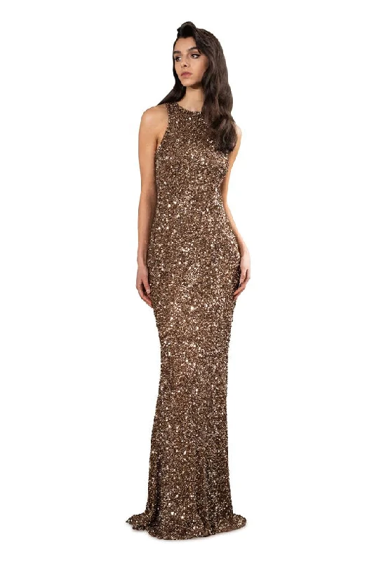 Seasonal Trends Theia dark gold crunchy sequin gown