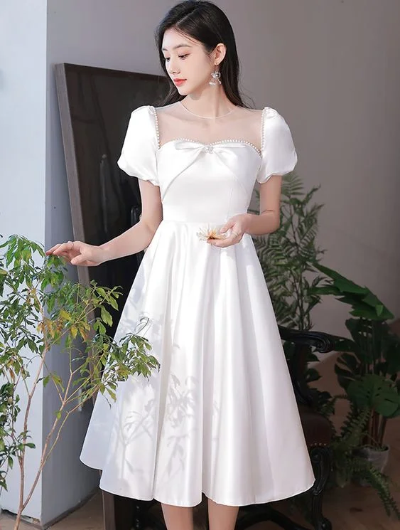 Effortless Comfort Simple Elegant White Satin Prom Dress Midi Evening Ball Gown    S3278