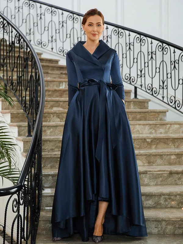 Discount Extravaganza A-Line/Princess Satin Ruched V-neck Long Sleeves Asymmetrical Mother of the Bride Dresses