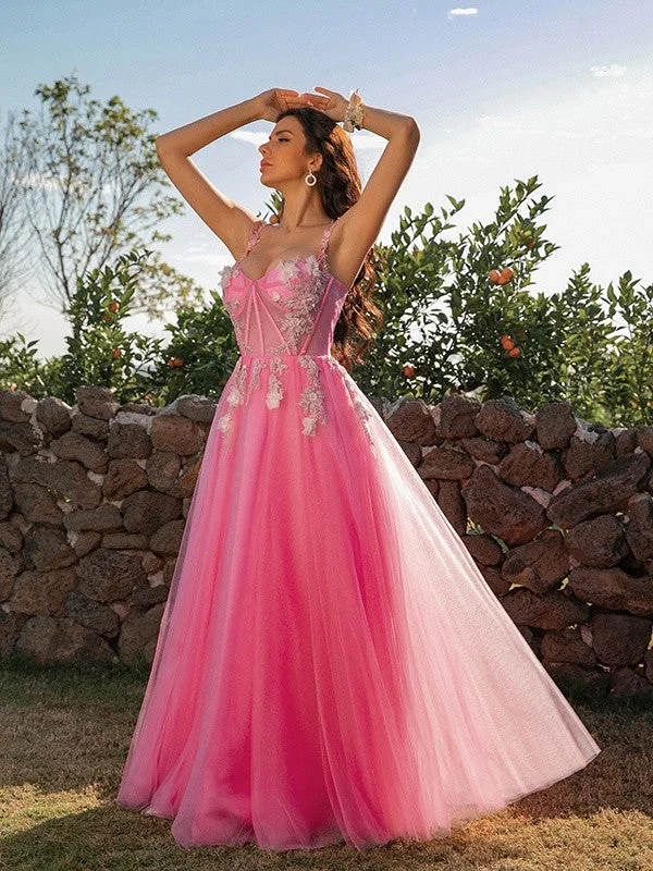 Special Offer A-Line/Princess Tulle Applique Straps Sleeveless Floor-Length Dresses