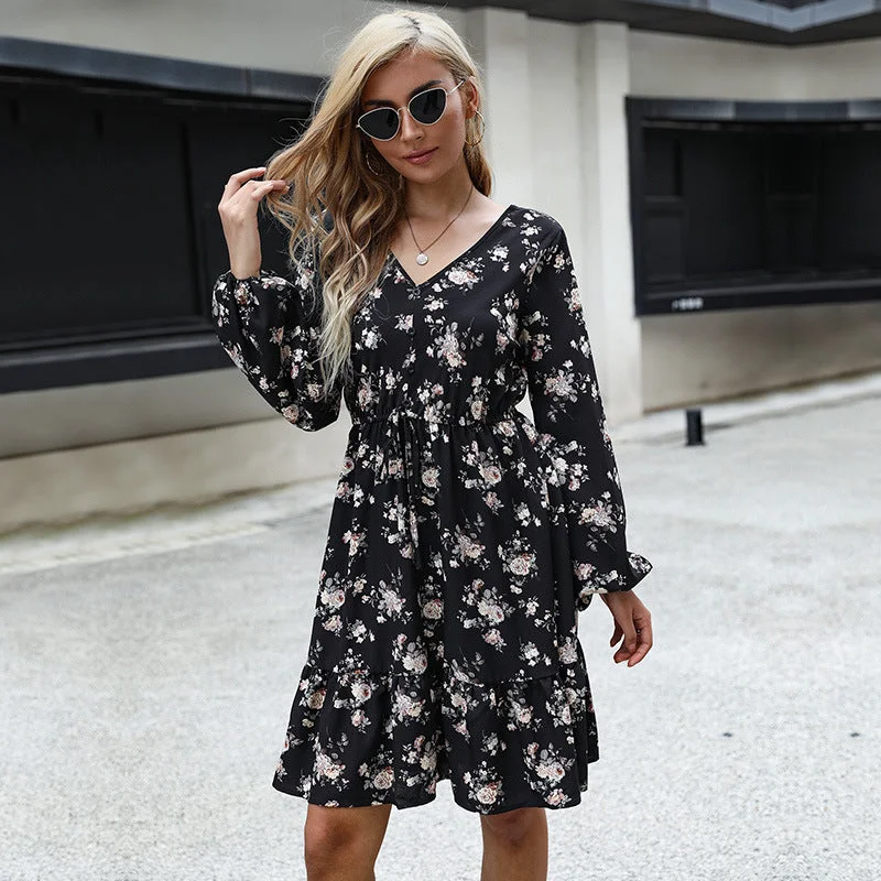 Special Offers IKEARLAX cross-border  trade autumn   floral v-neck long-sleeved skirt lace-up A-word  dress women