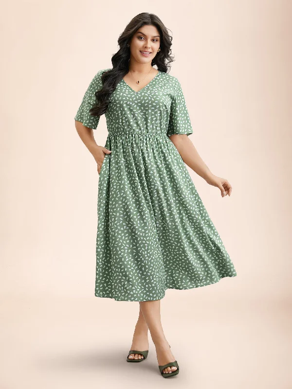 Seasonal Trends Polka Dot Print V-Neck Half Sleeve Midi Dress