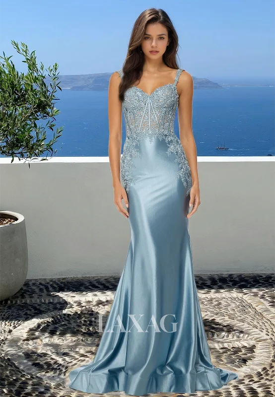 Discover Promotions Spaghetti Straps Sweetheart Sleeveless Mermaid Prom Dress Beaded Applique Long Evening Gowns