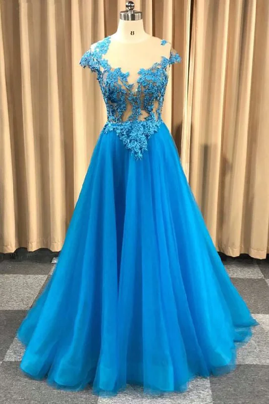 Cool Prices Blue Sheer Neck Appliqued Tulle Prom Gowns A Line Cap Sleeves Long Grduation Dresses N1748