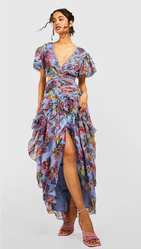 Stylish Savings Boohoo floral cut out ruffle maxi dress, new - size 10