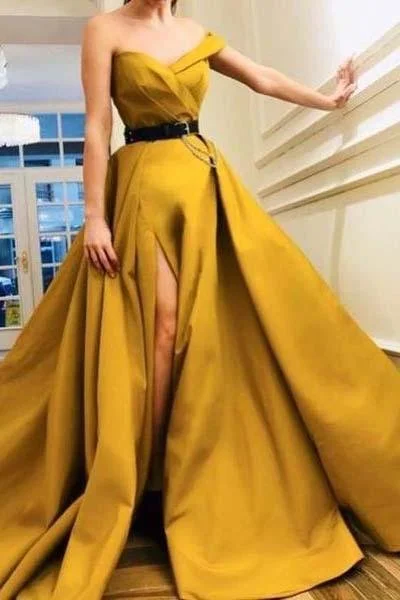 Buy More, Save More A Line Sweetheart High Slit Satin Ruffles Prom Dresses Long Yellow Evening Dresses