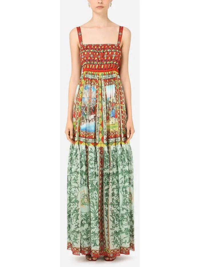 Luxe Layering Carretto Print Chiffon Maxi Dress in Multicolor