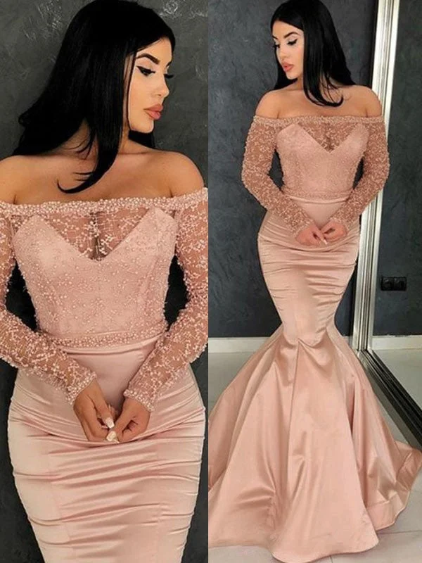 Quick Grab Deals Trumpet/Mermaid Long Sleeves Off-the-Shoulder Sweep/Brush Train Ruffles Satin Dresses