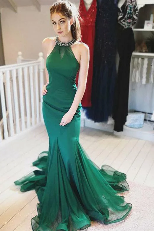 Trendy Women’S Wear Stunning Halter Green Prom Dresses with Beading Mermaid Tulle Evening Gown N1451