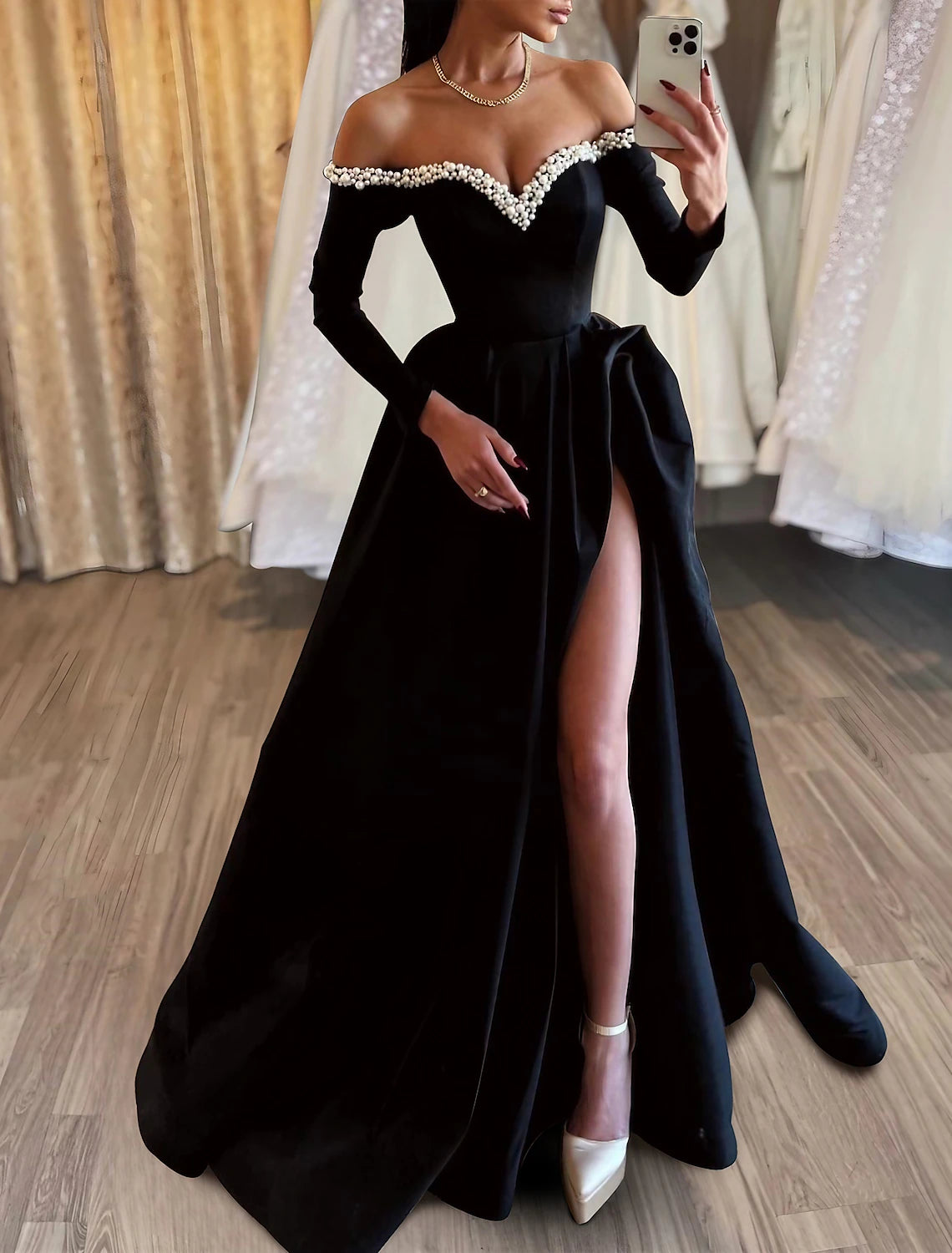 Summer Essentials A-Line Evening Gown Black Dress Dress Formal Masquerade Sweep / Brush Train Long Sleeve Off Shoulder Satin with Pearls Slit