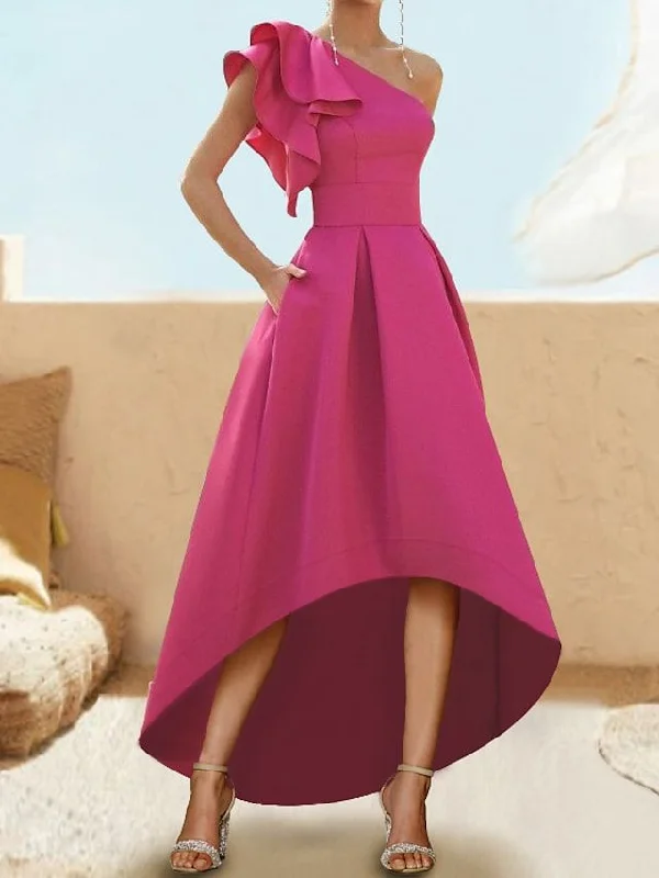 Fashion Sale A-Line Cocktail Dresses Elegant Dress Party Wear Asymmetrical Sleeveless One Shoulder Satin with Ruffles   S2666