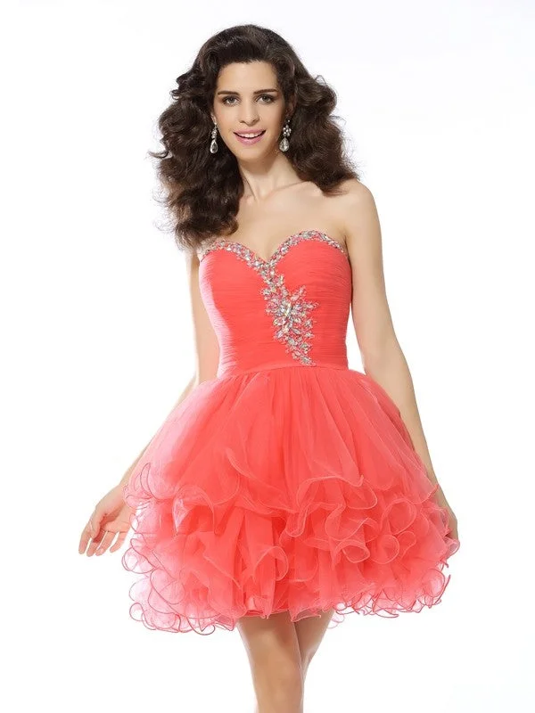 Daily Essentials A-Line/Princess Sweetheart Ruffles Sleeveless Short Satin Cocktail Dresses