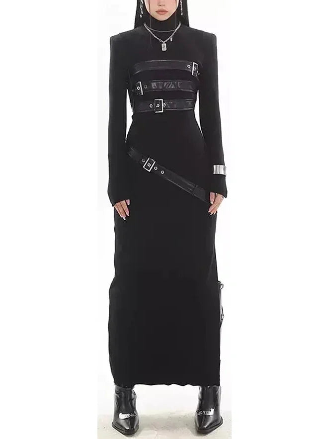 Exclusive Sale Belt-Embellished High-Neck Maxi Dress