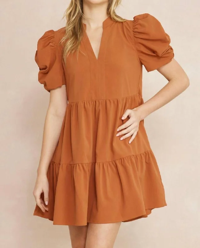 Your Timeless Wardrobe Awaits Puff Sleeve Mini Dress In Cognac