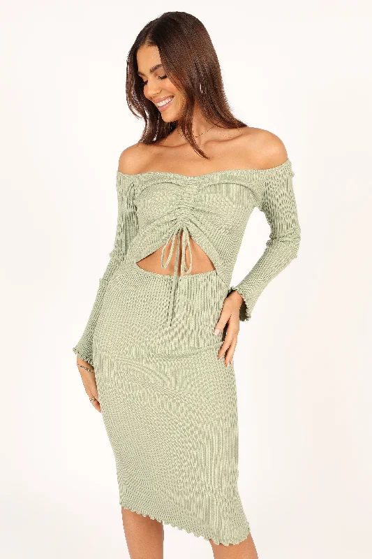 Trend Forward Threads For Her Geneva Off Shoulder Midi Dress - Sage