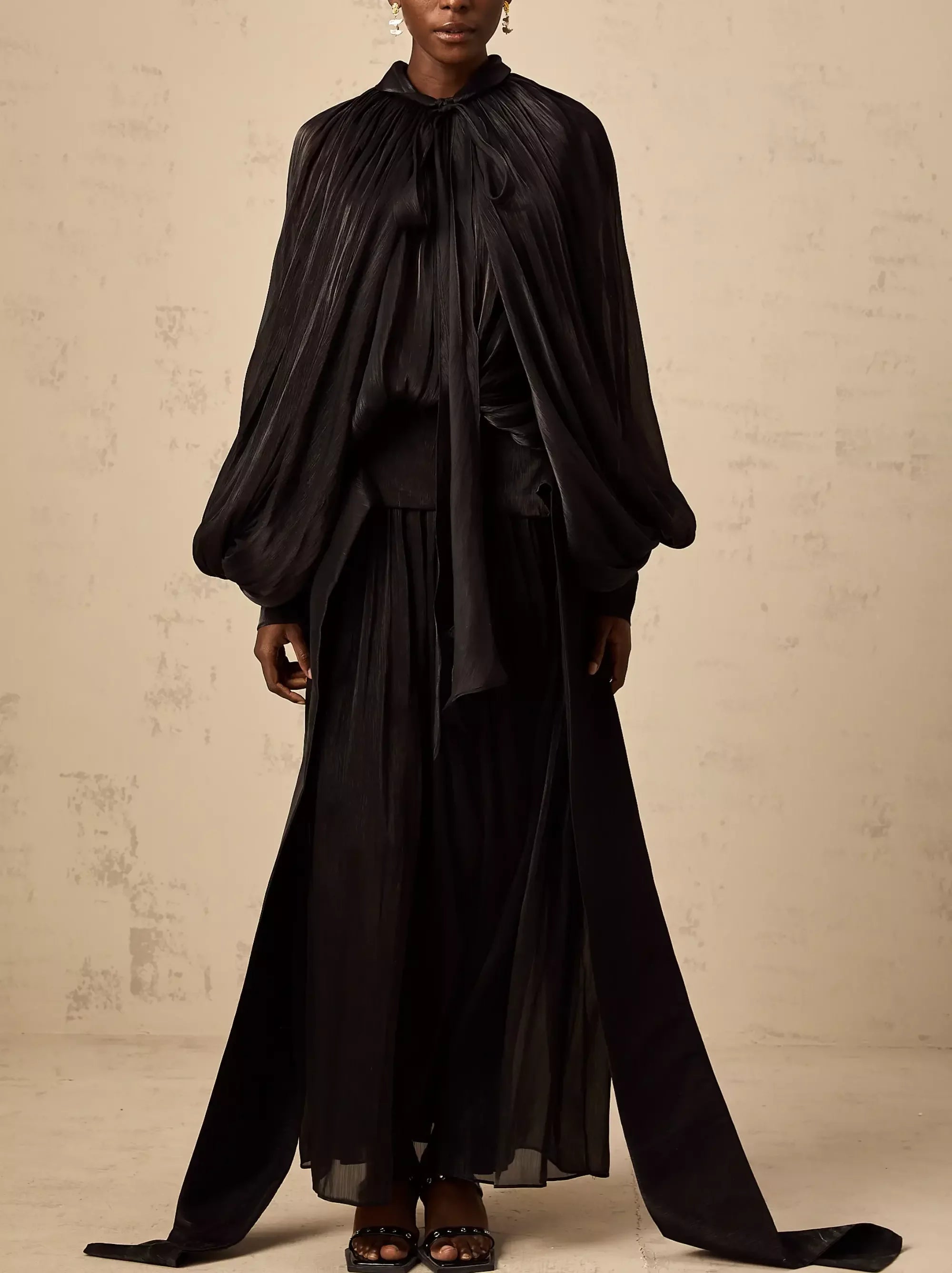 Trendsetting Threads Draped Pleated Tie-Neck Maxi Dress in Black