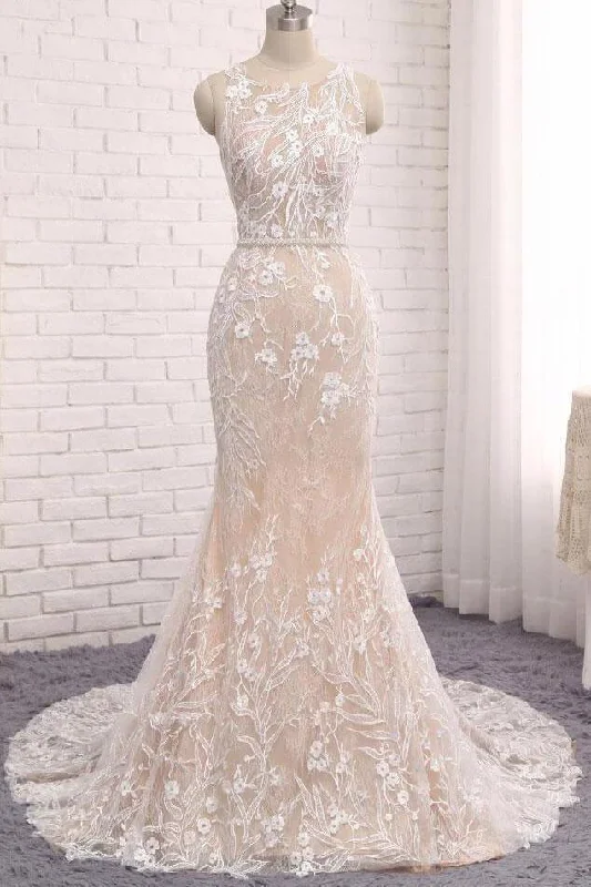 Seasonal Sale Princess Mermaid Lace Appliques Scoop Straps Ivory Wedding Dresses Bridal Dresses