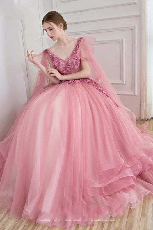 Graceful Cut Ball Gown V-Neck Appliques Beading Floor-Length Quinceanera Ball Gown Tulle Prom Dress N1224