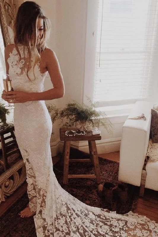 Summer Splash Sale Simple Sleeveless Long Ivory Lace Halter Mermaid Sleeveless Wedding Dresses