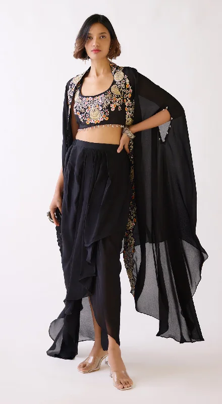 Classic Appeal Black Embroidered Floral Cape Set