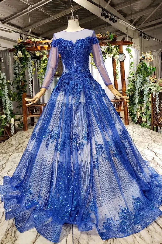 Chic Styles Gorgeous Long Sleeve Sheer Neck Tulle Blue Applique Ball Gown Prom Dresses with Beads N1996