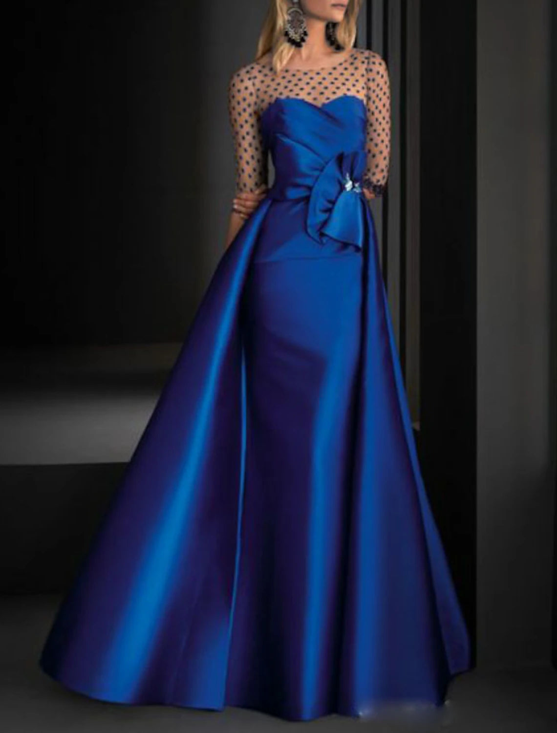 Limited Stock, Big Discounts A-Line Party Dress Vintage Engagement Formal Evening Dress Illusion Neck Half Sleeve Floor Length Satin with Crystals