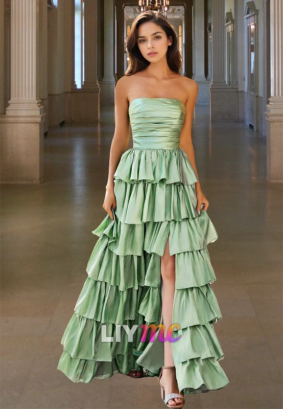 Dreamy Draping Straight Across Sleeveless Pleated Tiered A-Line Prom Dress