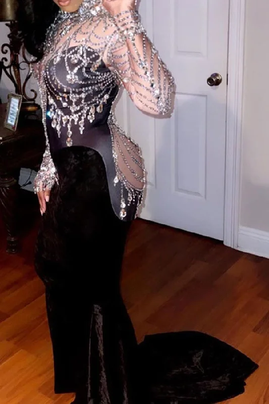 Hollywood Glam Award - Show Style Rhinestone Glamorous See-Through Maxi Dress