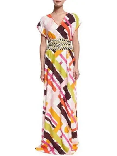 Premium Quality Garments Parioli-Print Coverup Maxi Dress w/Tie, White/Pink Green