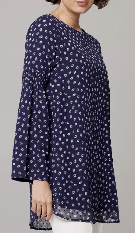 Unbeatable Prices Sundus Long Chiffon Print Modest Top - Navy Floral - PREORDER (ships in 2 weeks)