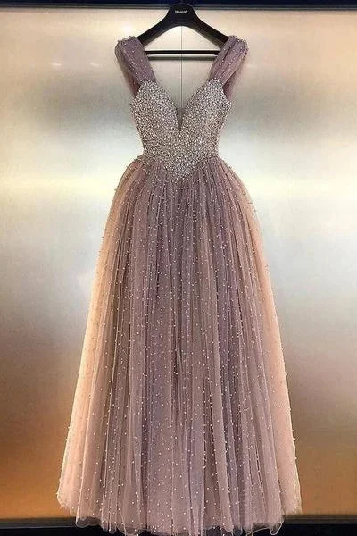 Seasonal Sale Charming Beaded V-neck Prom Dresses A Line Floor Length Tulle Evening Gowns N2033