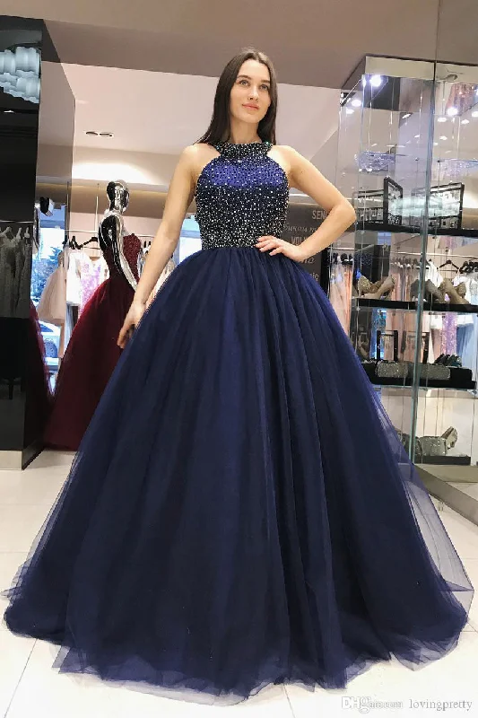 Summer Fashion Sparkly Dark Blue Ball Gown Sweet Beading Tulle Long Prom Dresses Shiny Evening Dresses N1328