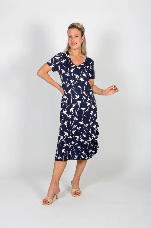 Classic Timeless Elegant Style Navy Floral Short Sleeve Dress